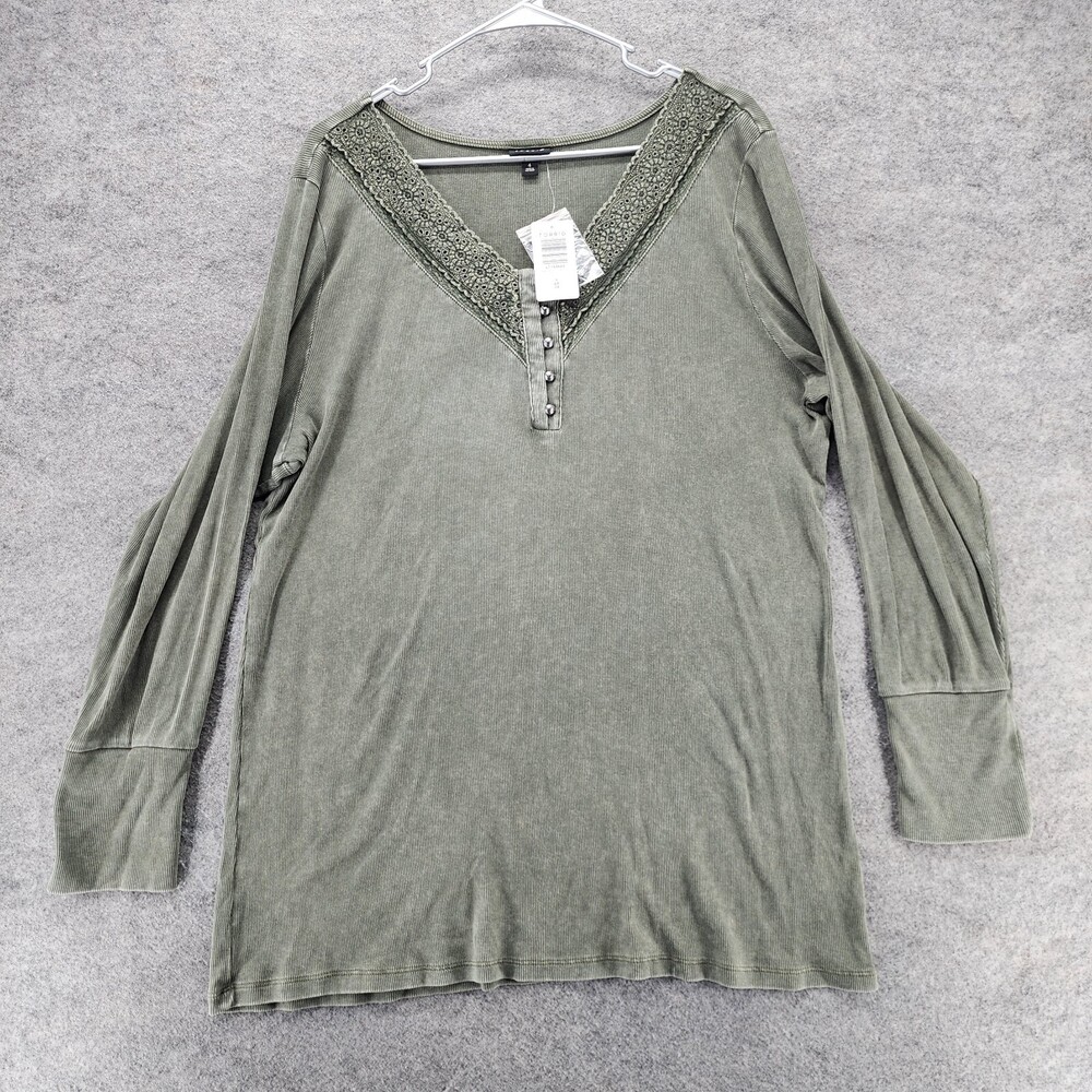 Torrid Shirt Womens 4X Rib Lace Neck Long Sleeve Henley Green